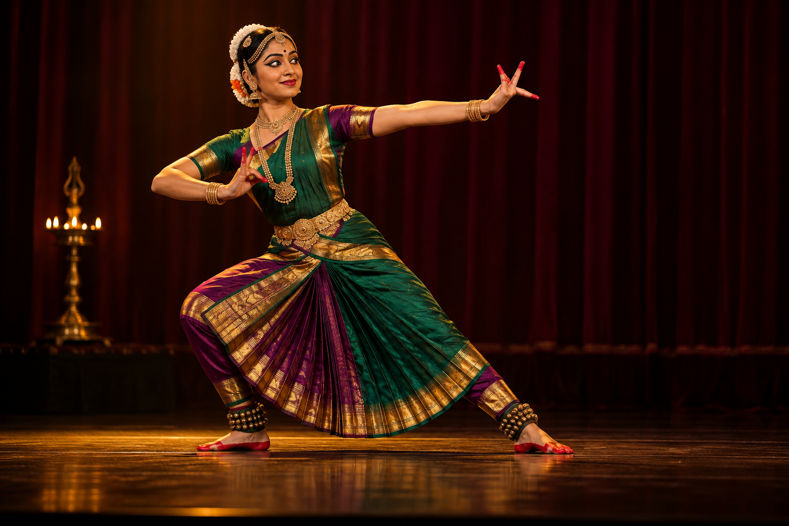 Classical Indian dancer performing under an amber theatre spotlight